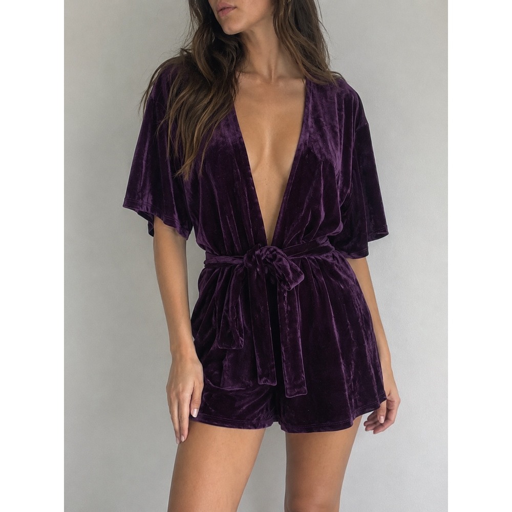 Lovers + Friends Purple Simon Romper Plunge Velvet Medium Whimsigoth Party